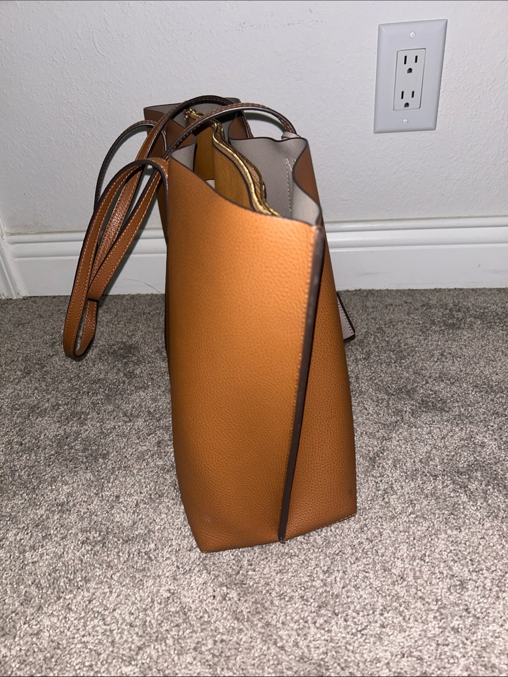 Tory Burch Cognac Pebbled Leather Tote with Taupe Tag Accents - Picture 7 of 14